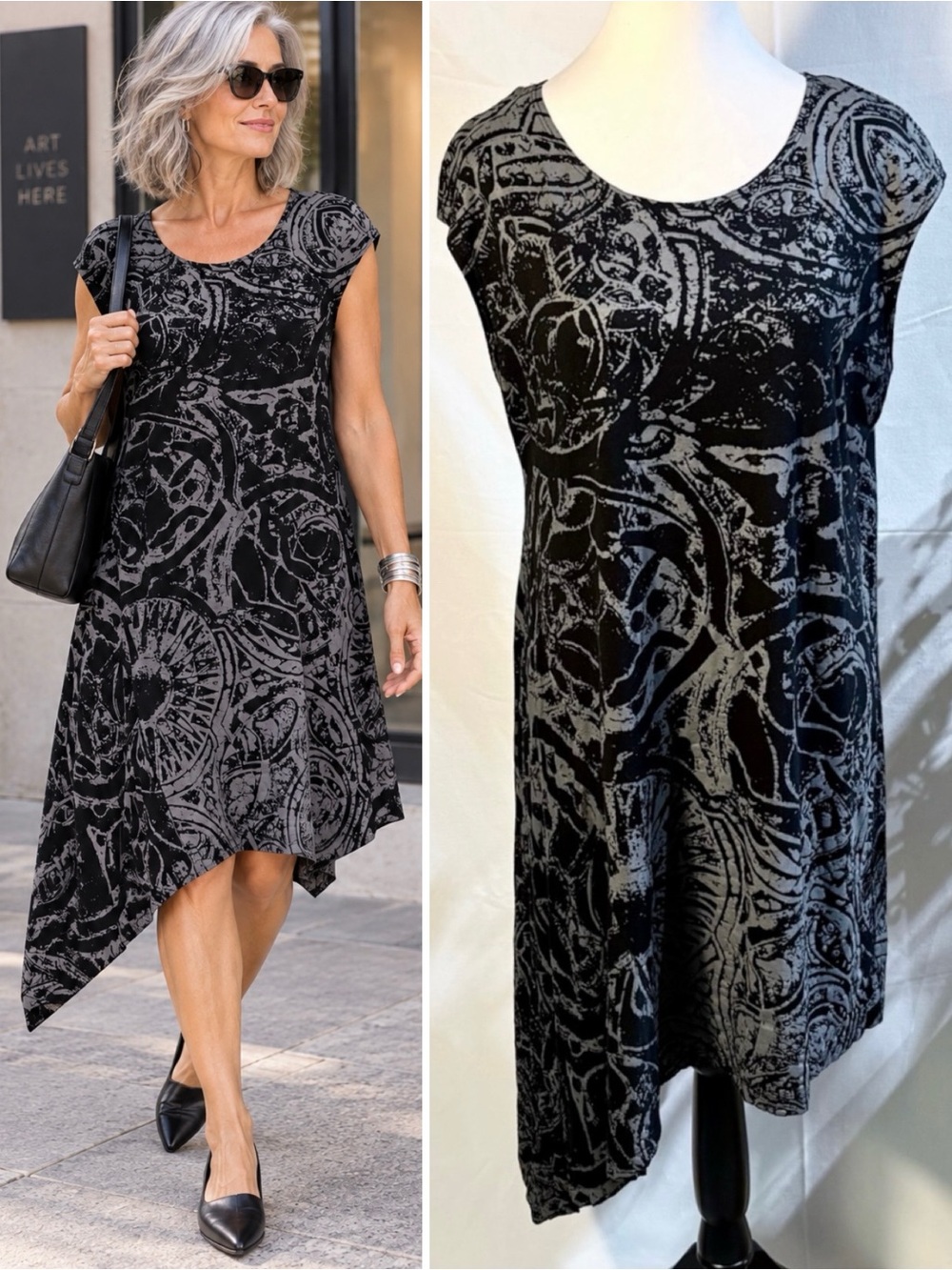 💥Bryn Walker Abstract Print Asymmetrical Tunic Dress Black Gray Stretch Sz L💛